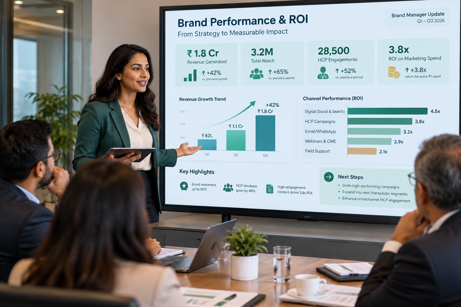 A brand manager presenting ROI analytics to management during a meeting; illustrative performance figures